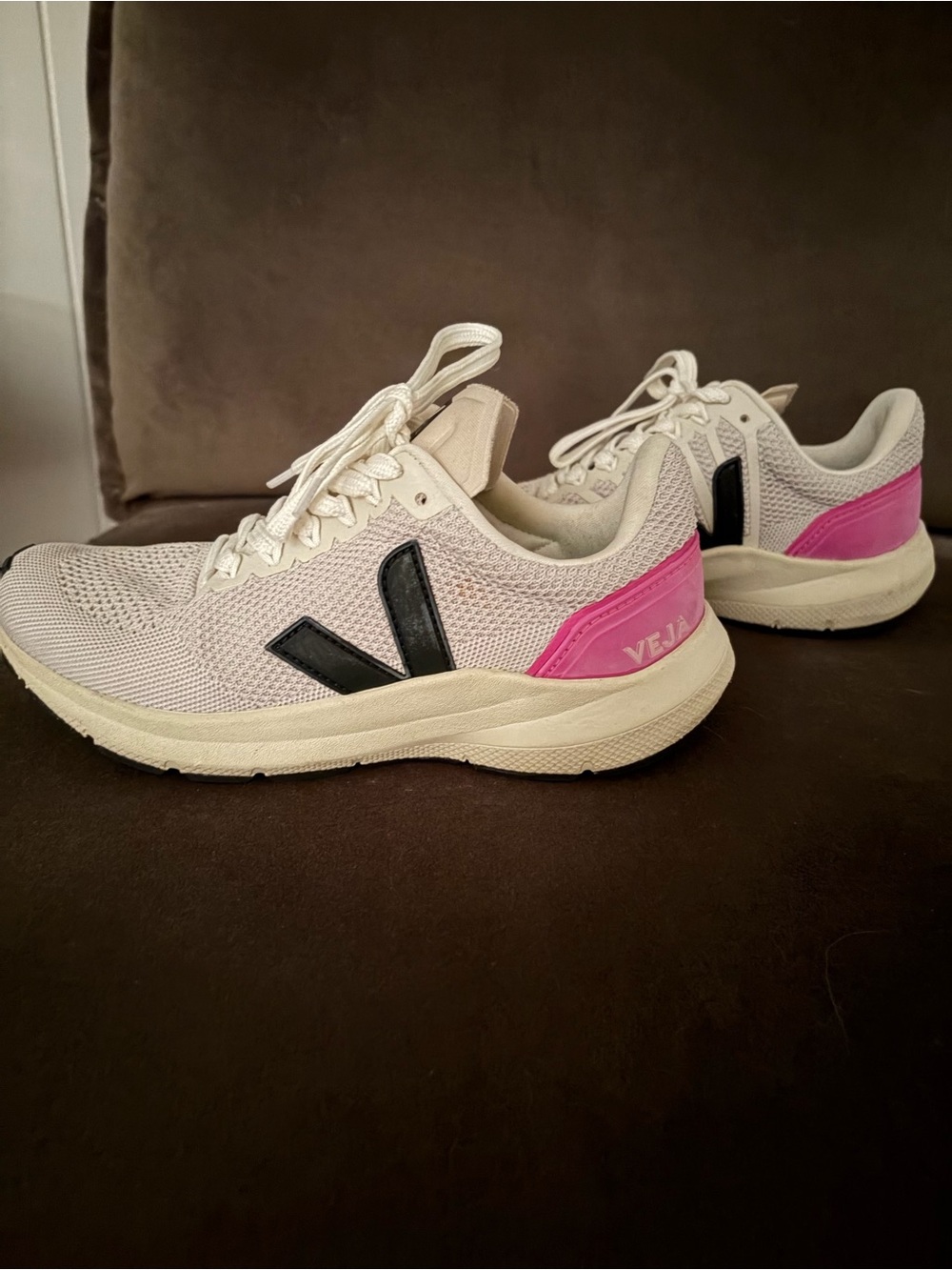 Veja Women's White Sneakers with Pink Heel and Black V